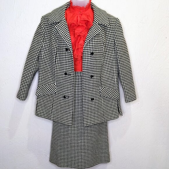 Vintage 60s Houndstooth Skirt Suit Womens L Plaid Jacket Pencil Skirt Set - Picture 3 of 12